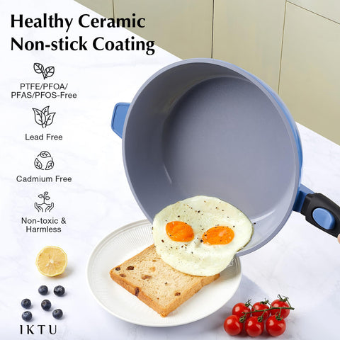 IKTU pan on stovetop with detachable handle attached for safe transfer benefit