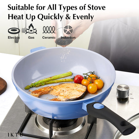 IKTU skillet with handle removed showing compact storage and space-saving benefit