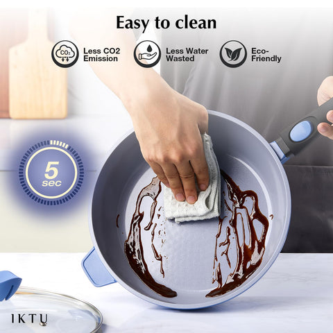 IKTU pan beside measuring cup demonstrating 4-quart capacity and meal-prep benefit