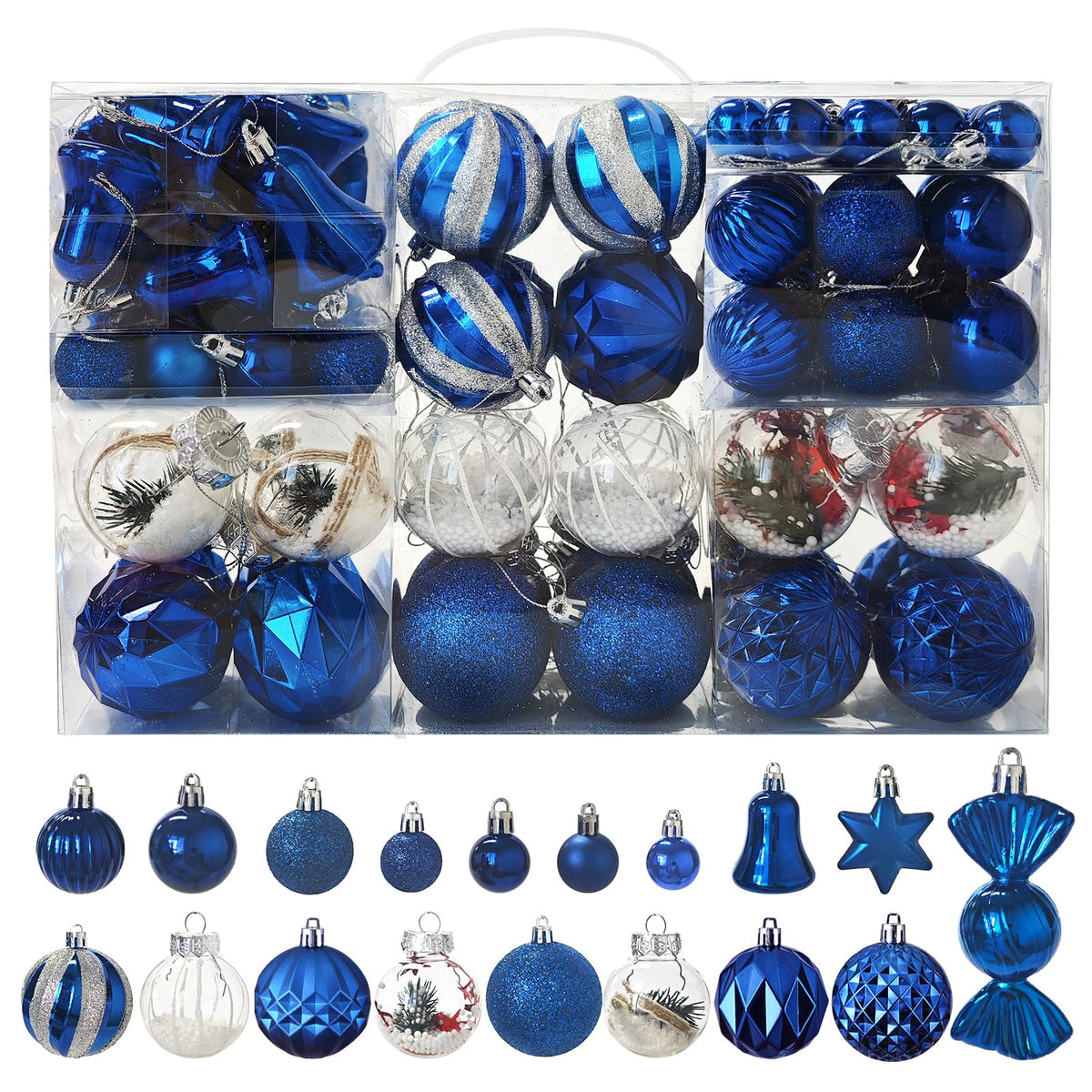 ILLUMINEW front-packaging showing full 111-piece blue ornament set and convenience