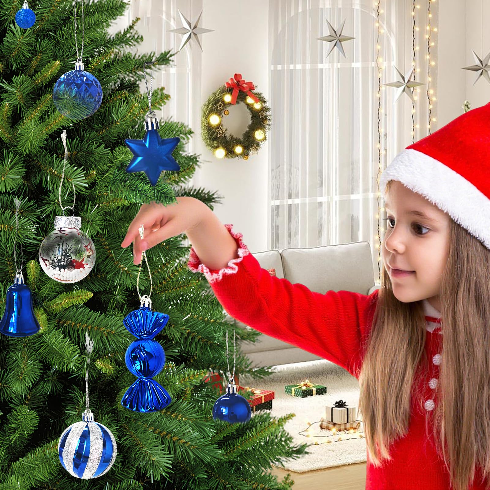 ILLUMINEW themed wreath and garland with ornaments creating cohesive decor
