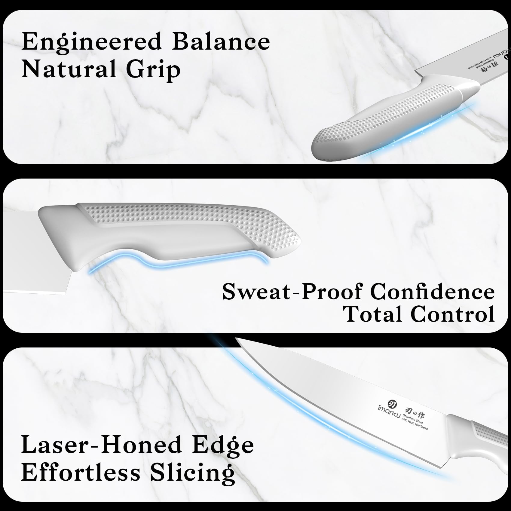 imarku blade edge macro revealing high-carbon stainless steel finish and lasting sharpness