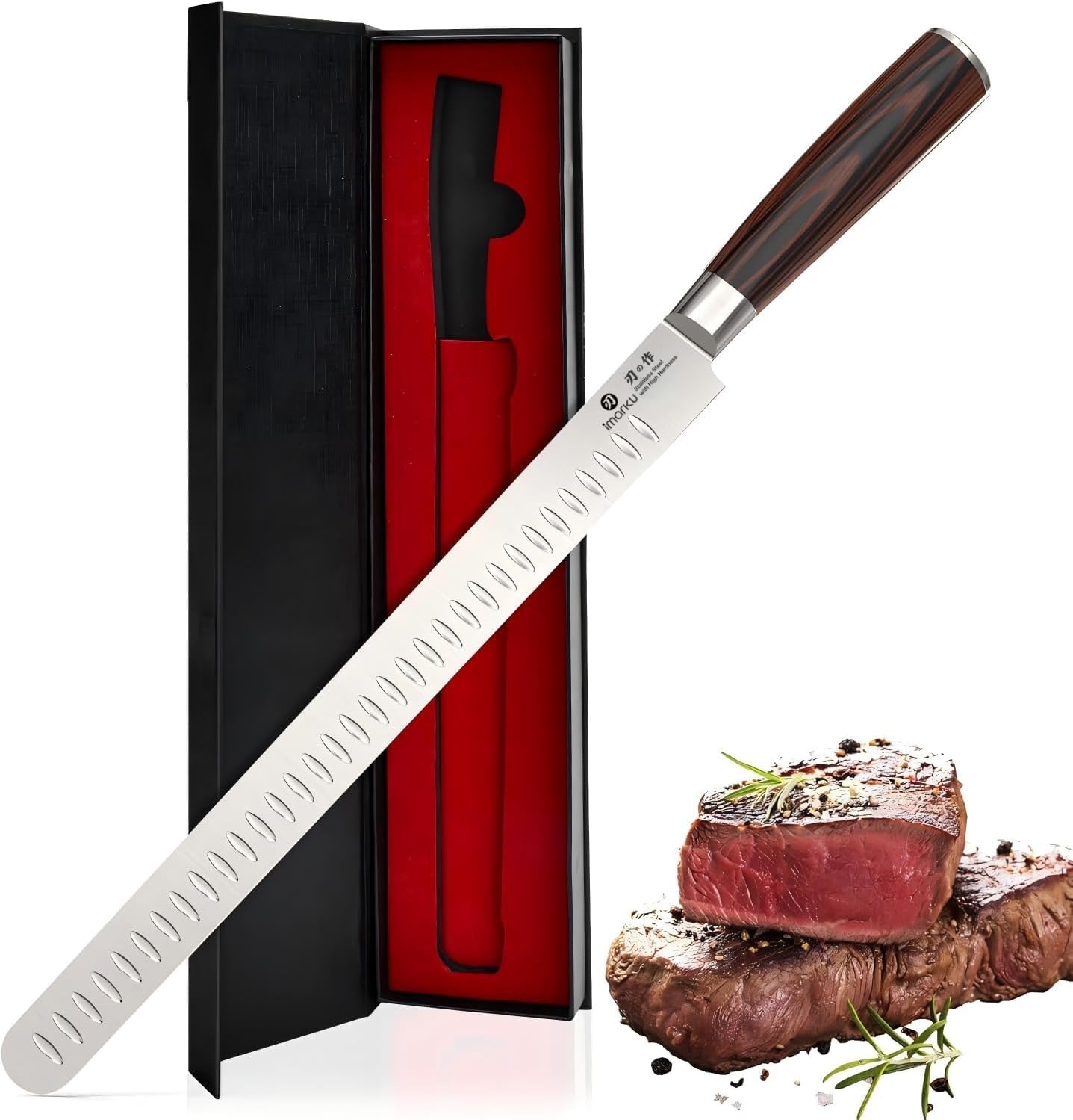 imarku front view of 12-inch brisket knife showing full blade and handle for balanced control