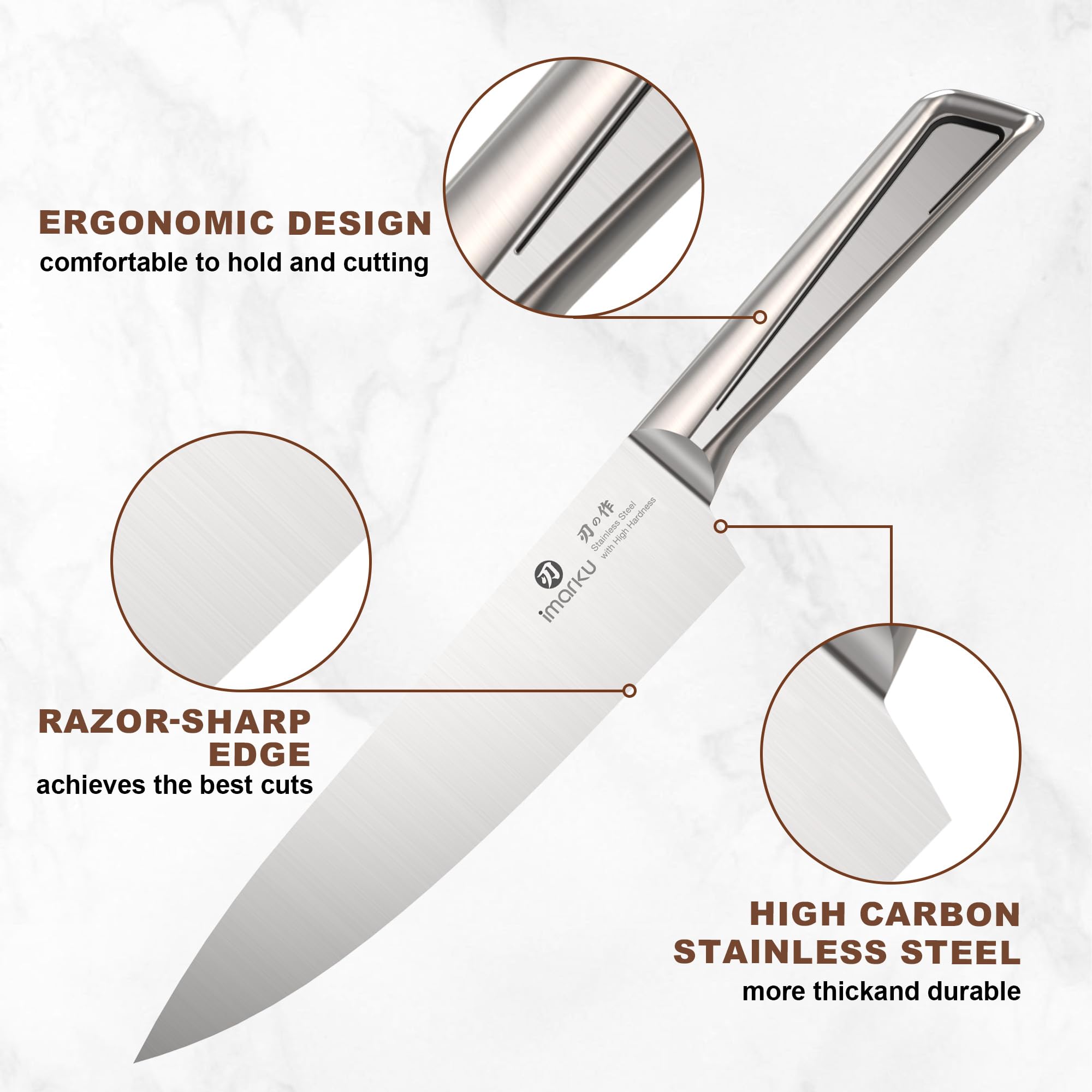 imarku chef knife close-up edge showing razor-sharp 10–15° angle for cleaner cuts