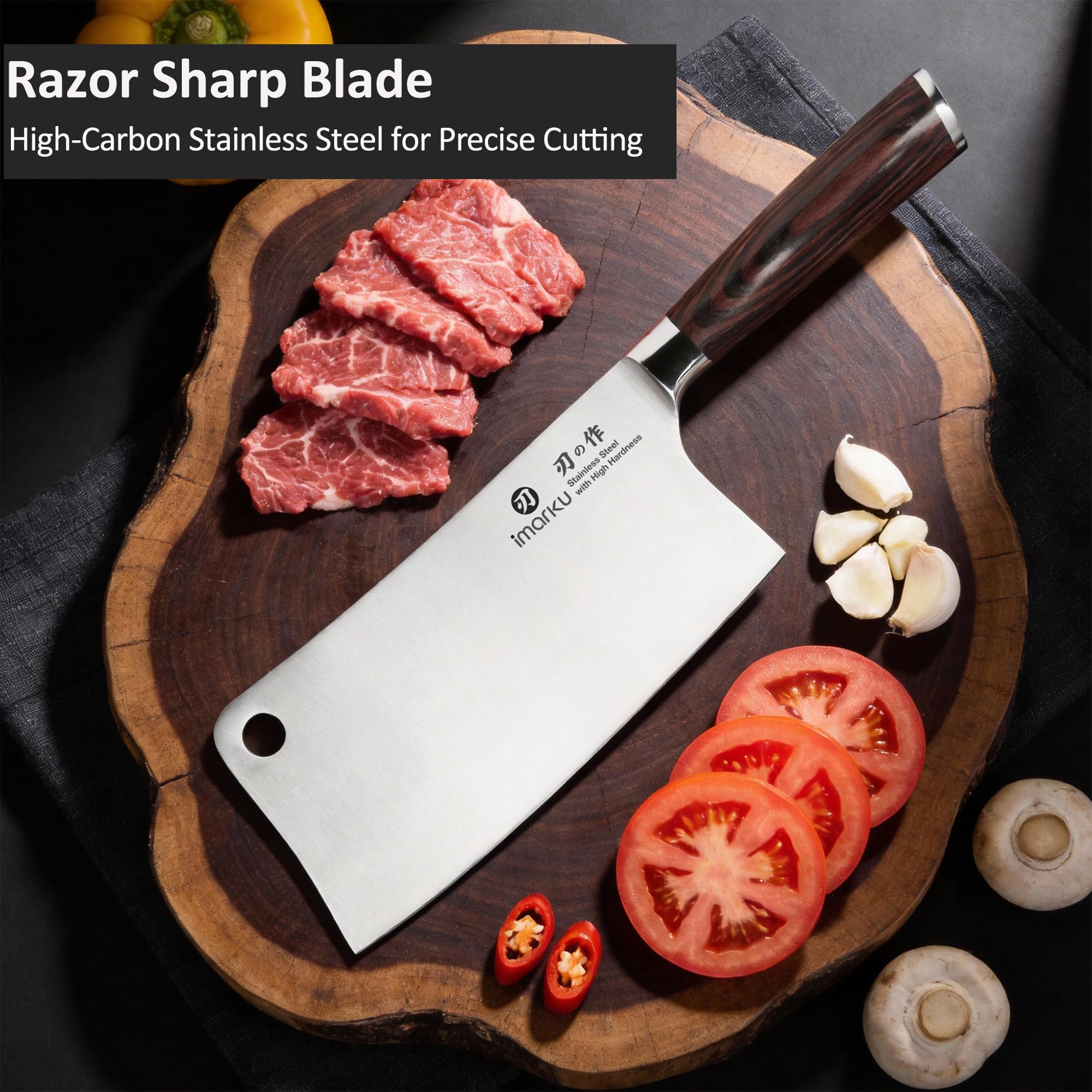 imarku cleaver handle detail on pakkawood grip benefit: comfortable secure hold