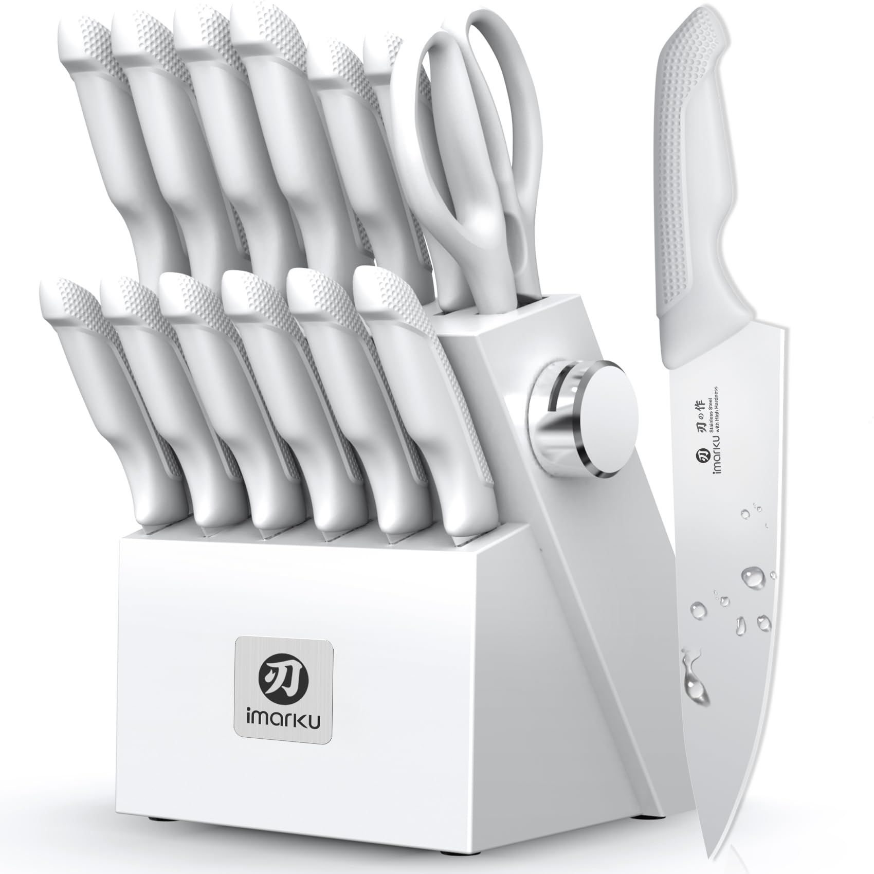 imarku front angle knife block set showing full 14-piece collection and tidy storage benefit