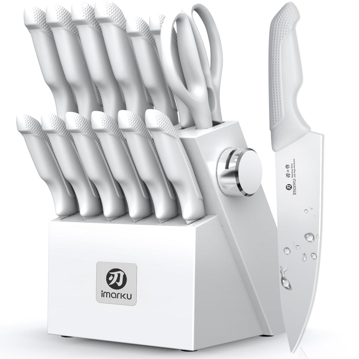 imarku front angle knife block set showing full 14-piece collection and tidy storage benefit