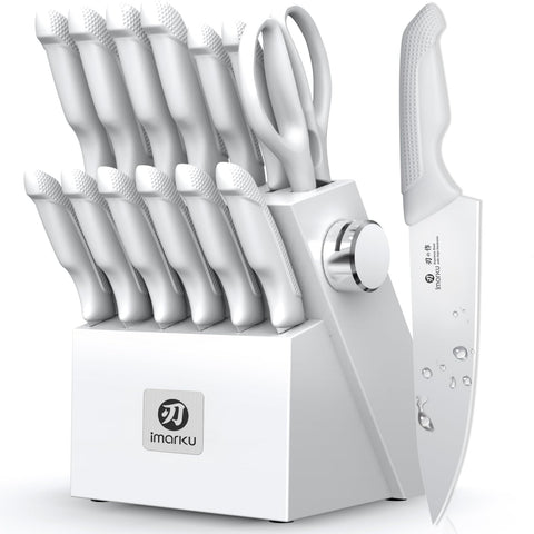 imarku front angle knife block set showing full 14-piece collection and tidy storage benefit