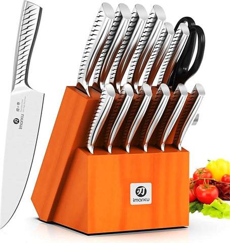 imarku knife set front view showing block and all pieces, tidy storage benefit