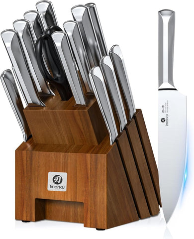 imarku front view of full 16-piece set showing organized block and knives for countertop convenience