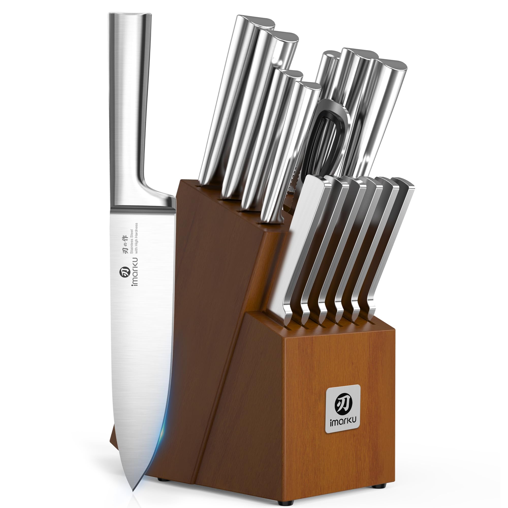 imarku front view of full 15-piece set showing organized block and knives for tidy storage