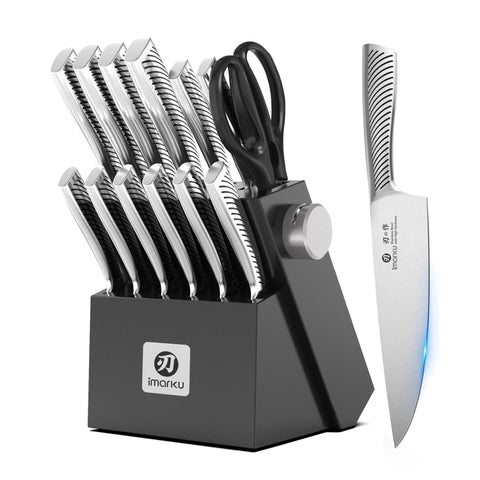 imarku front view of full knife set in block showing organized storage and convenience