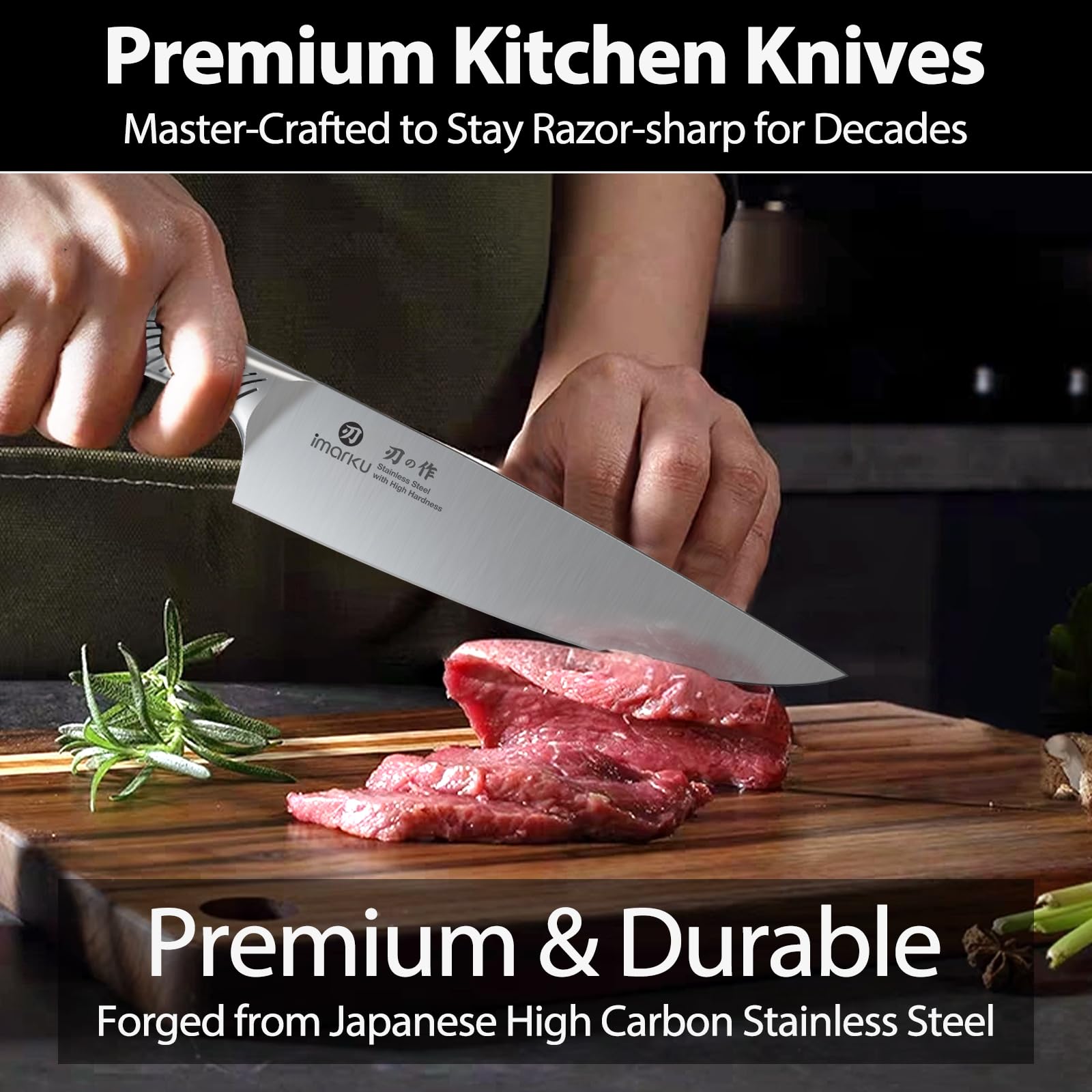 imarku chef and santoku knives on cutting board demonstrating versatile prep