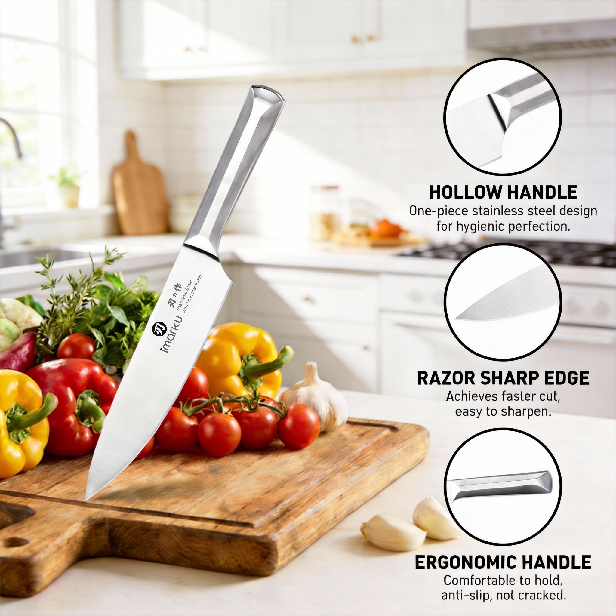 imarku Santoku and chef knives cutting vegetables demonstrating precise slicing