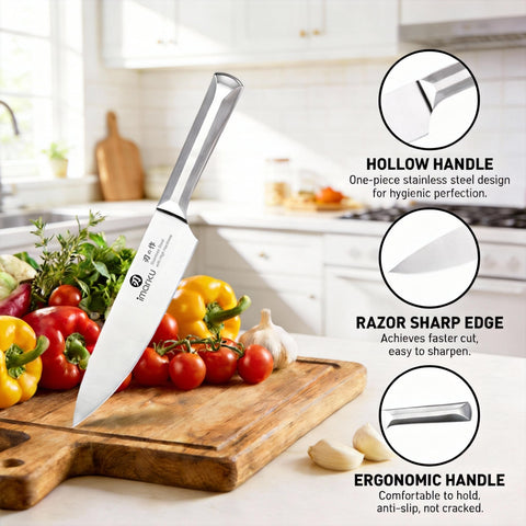 imarku Santoku and chef knives cutting vegetables demonstrating precise slicing