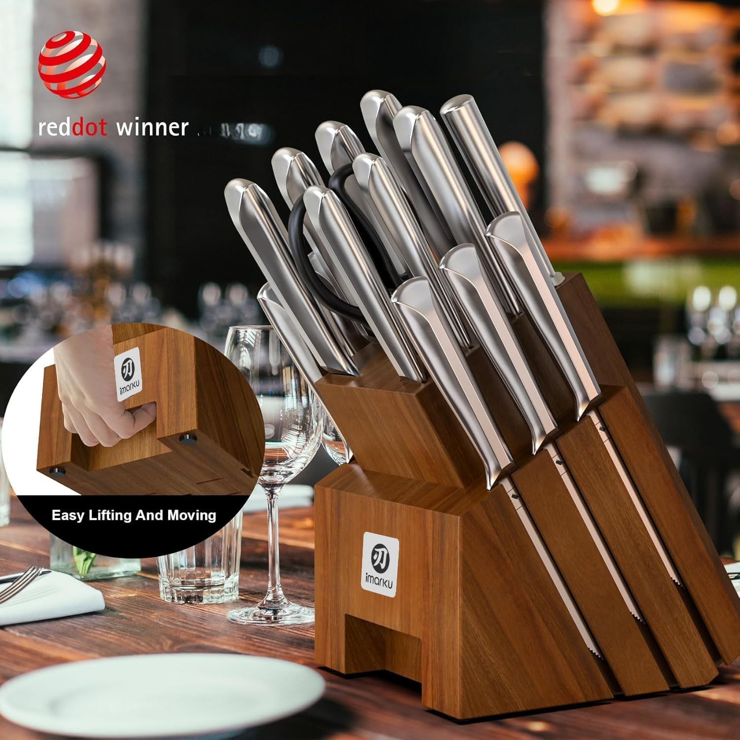 imarku eight serrated steak knives in block ready to serve with consistent cutting performance
