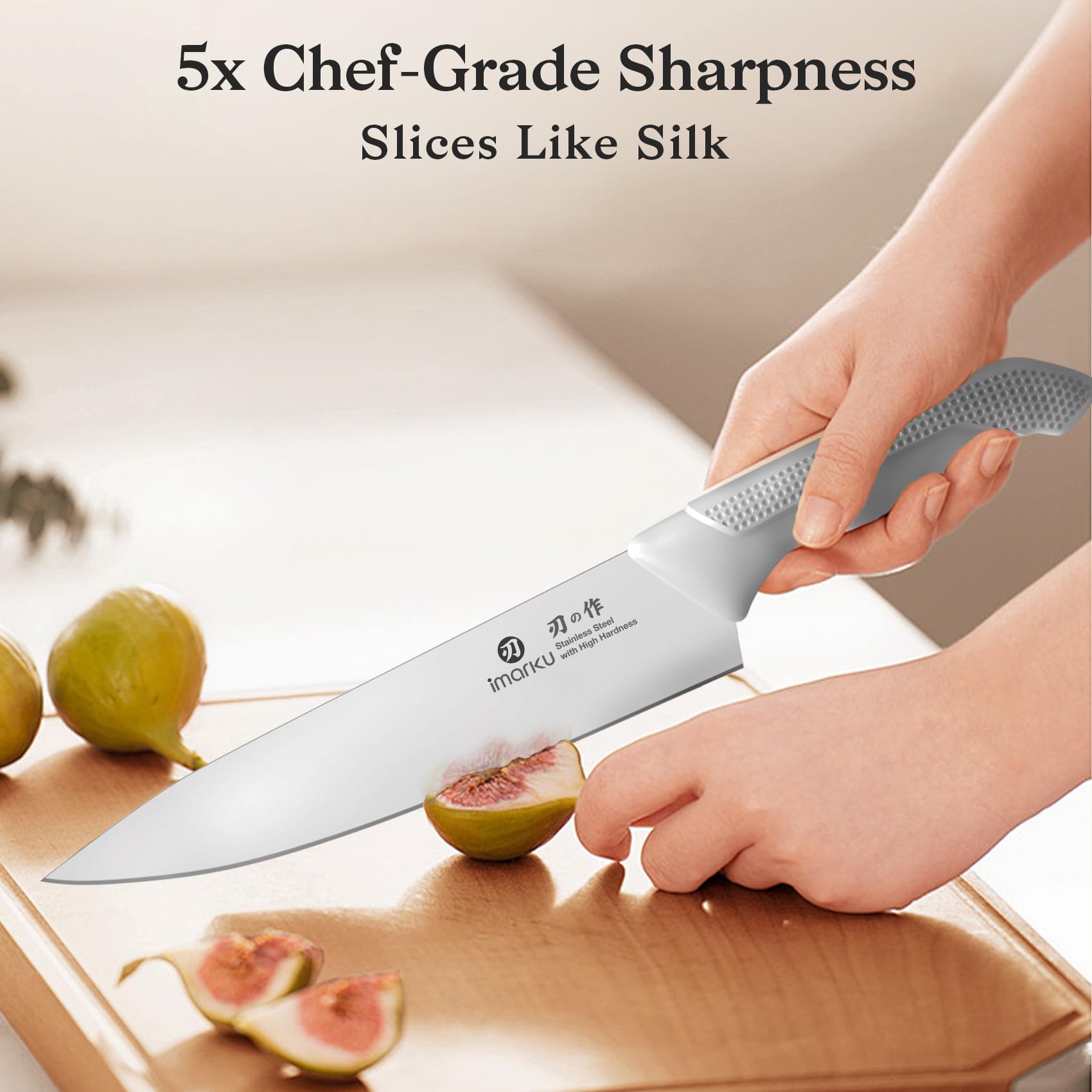 imarku serrated steak knives and kitchen shears laid out for serving convenience and durability