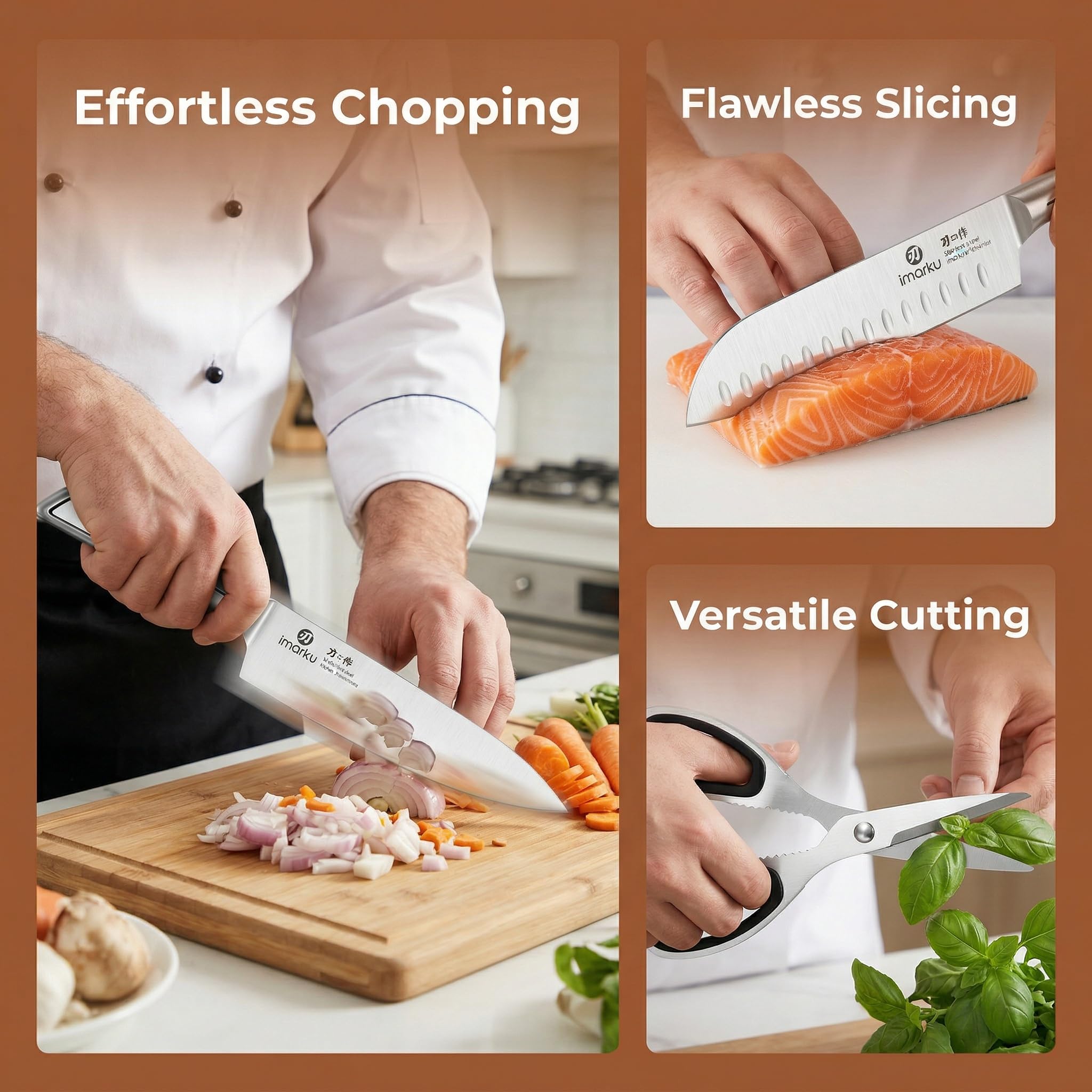 imarku steak knives and shears set showing table-ready serrated blades and versatility