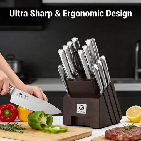 imarku eight serrated steak knives arranged to show consistent edge performance