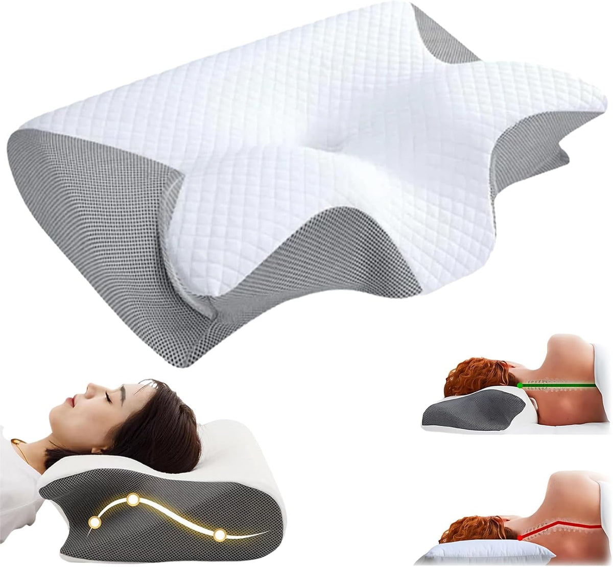 Imgjsx front view of cervical pillow showing ergonomic profile and instant alignment benefit