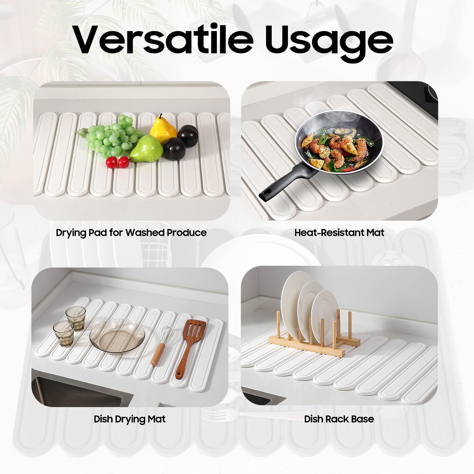 imgrose mat in use with dishes and cups, keeps countertop dry benefit