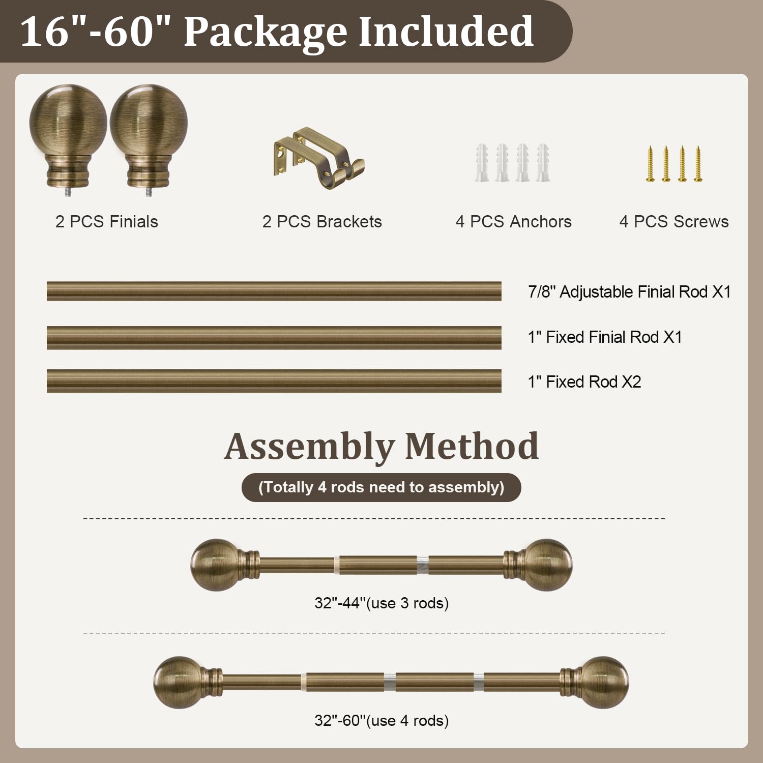Immiehh package contents overhead showing rod, finials, brackets, screws, manual