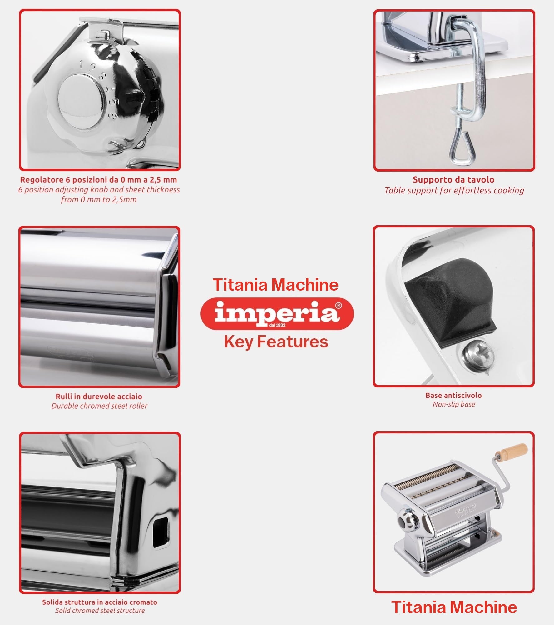 Imperia Titania rolling fresh pasta sheet in use producing uniform thickness and silky texture