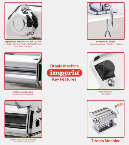 Imperia Titania rolling fresh pasta sheet in use producing uniform thickness and silky texture
