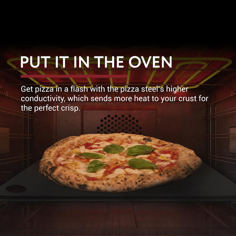 IMPRESA plate in oven baking pizza for faster heat and crisp crust