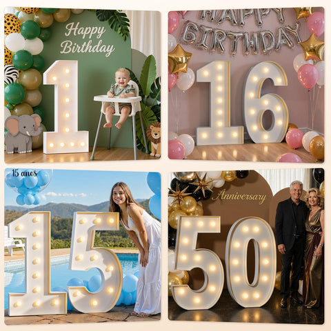 imprsv number paired with balloon arch, cohesive event styling