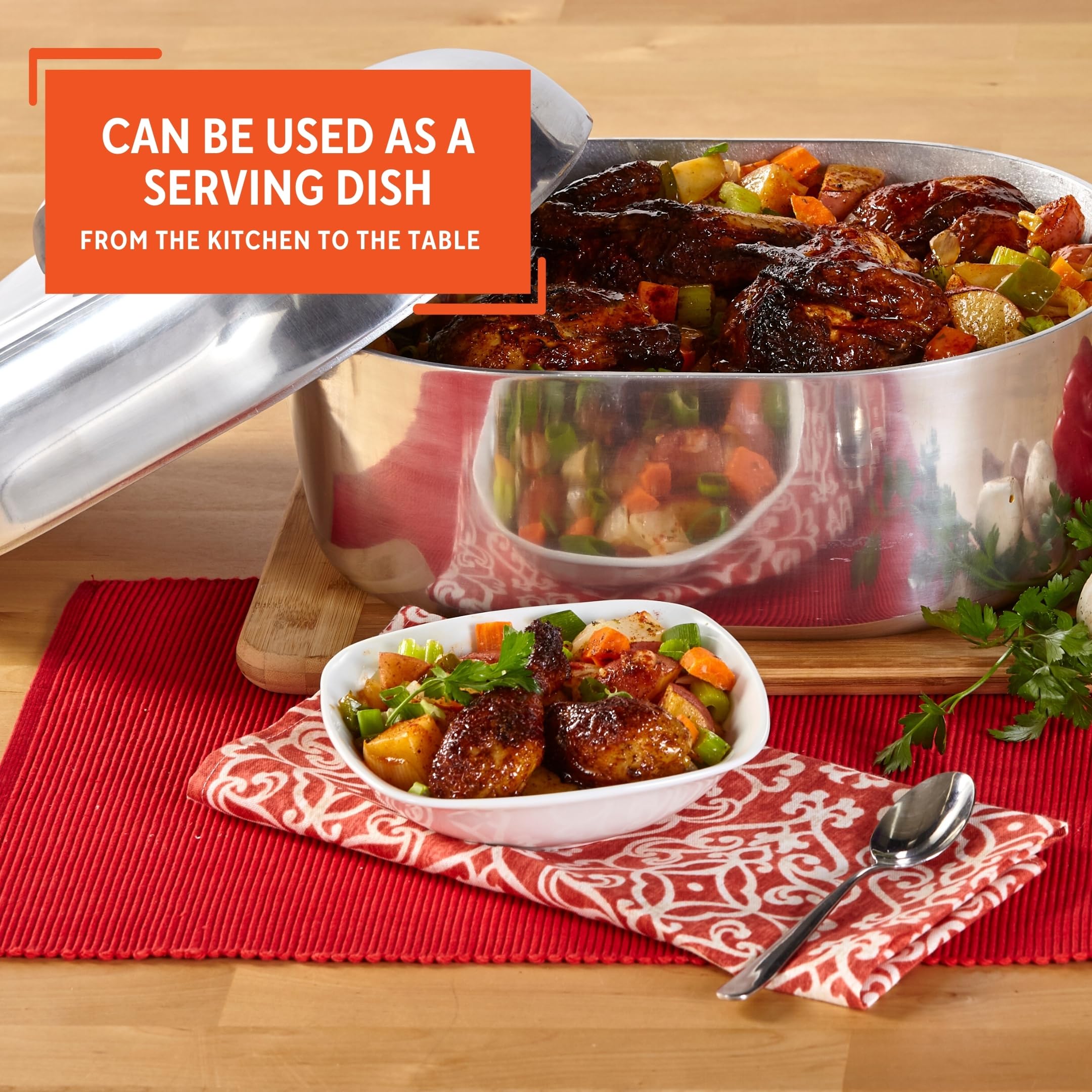 IMUSA Cajun roaster on stovetop illustrating quick even heating for fast searing and simmering