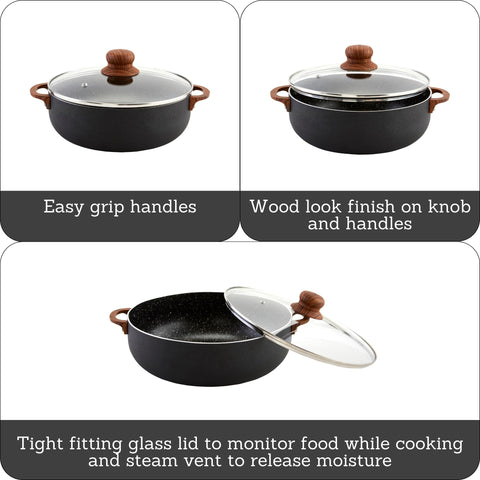 IMUSA woodlook handle detail with rivets, secure comfortable grip advantage