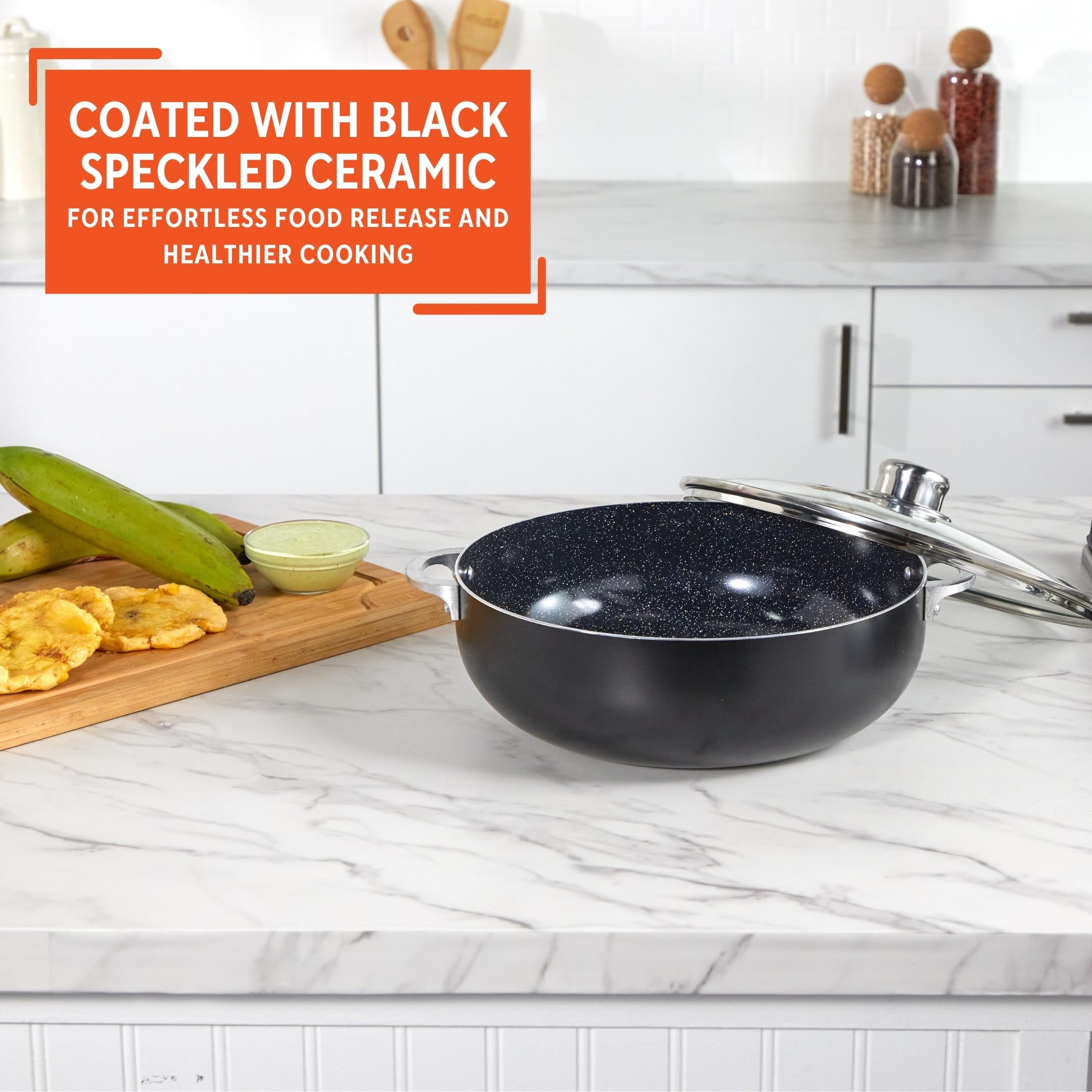 IMUSA Caldero glass lid detail with steam vent and stainless-steel knob for controlled simmering