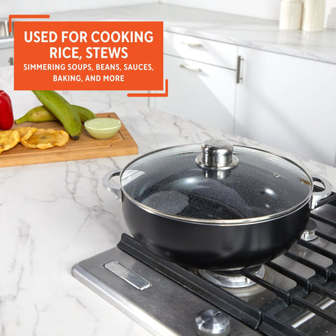 IMUSA Caldero serving rice to table illustrating even cooking and family-ready portions