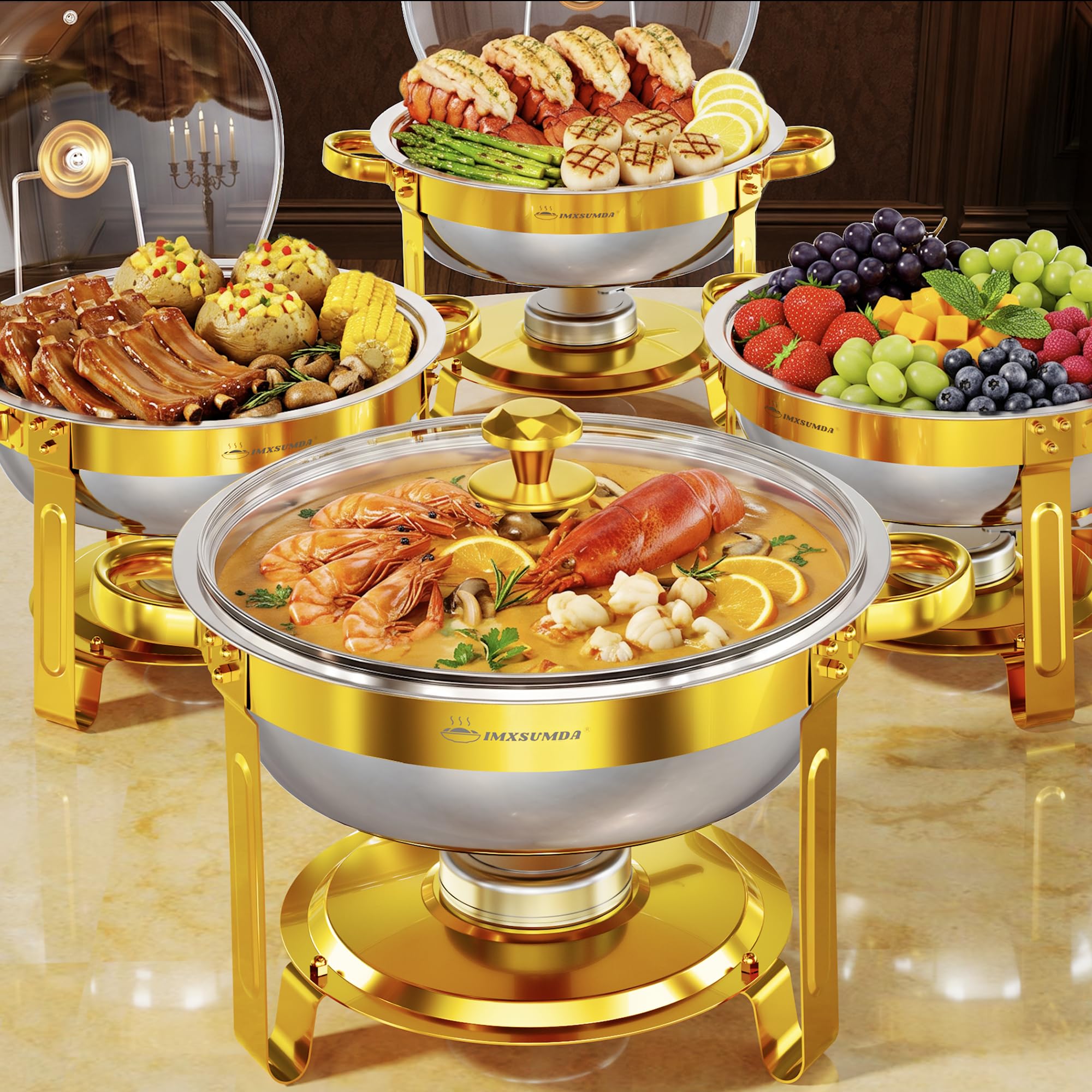 IMXSUMDA gold chafing dish front view showing elegant finish and professional look