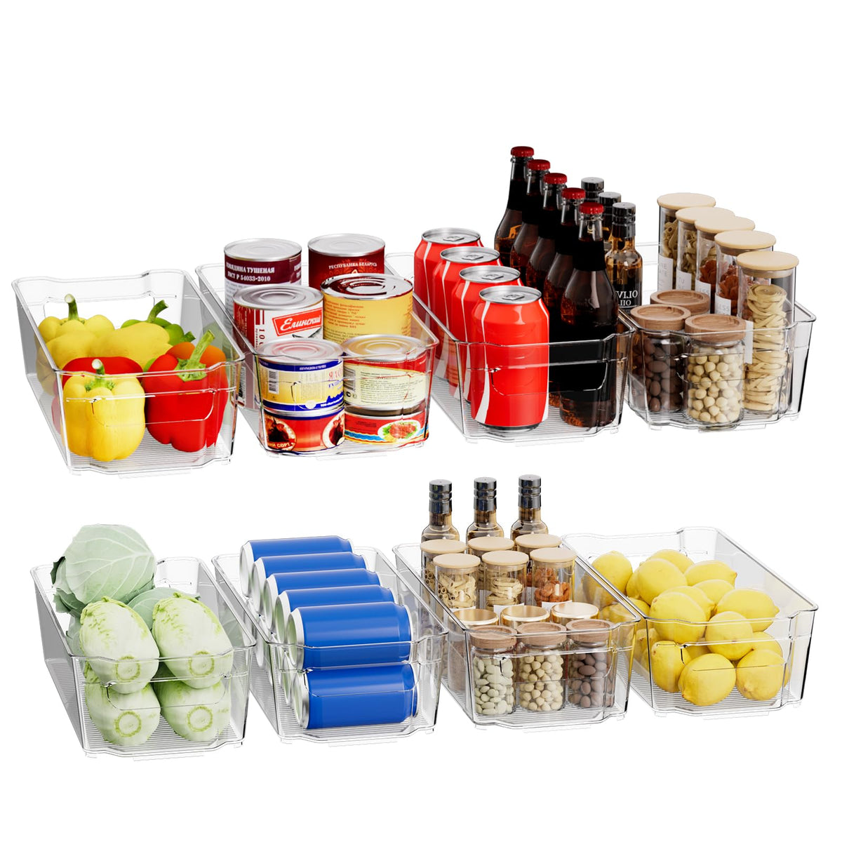 incostar front view of eight clear fridge organizer bins showing neat packaging and visibility