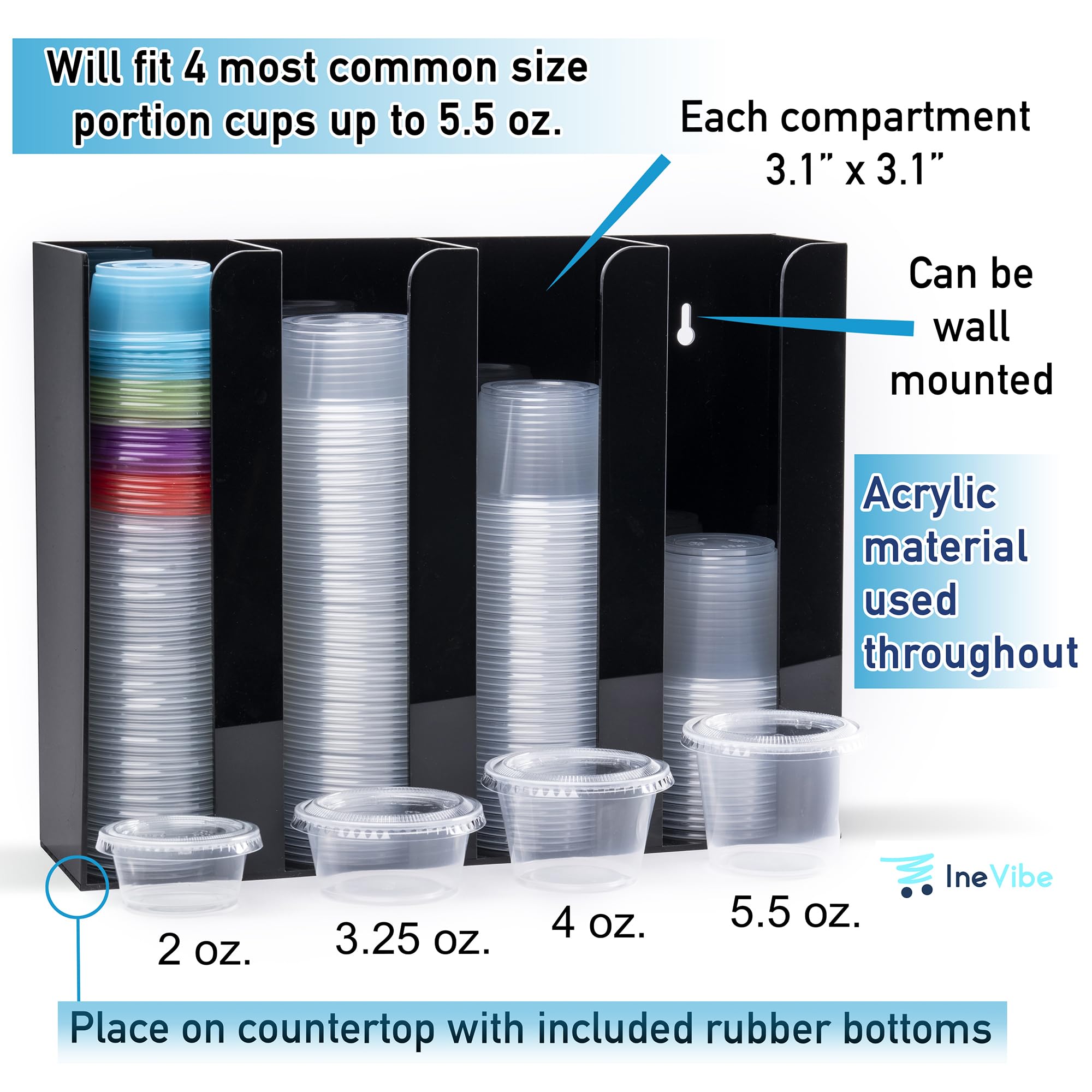 Inevibe loaded with assorted portion cups and lids demonstrating quick dispensing benefit