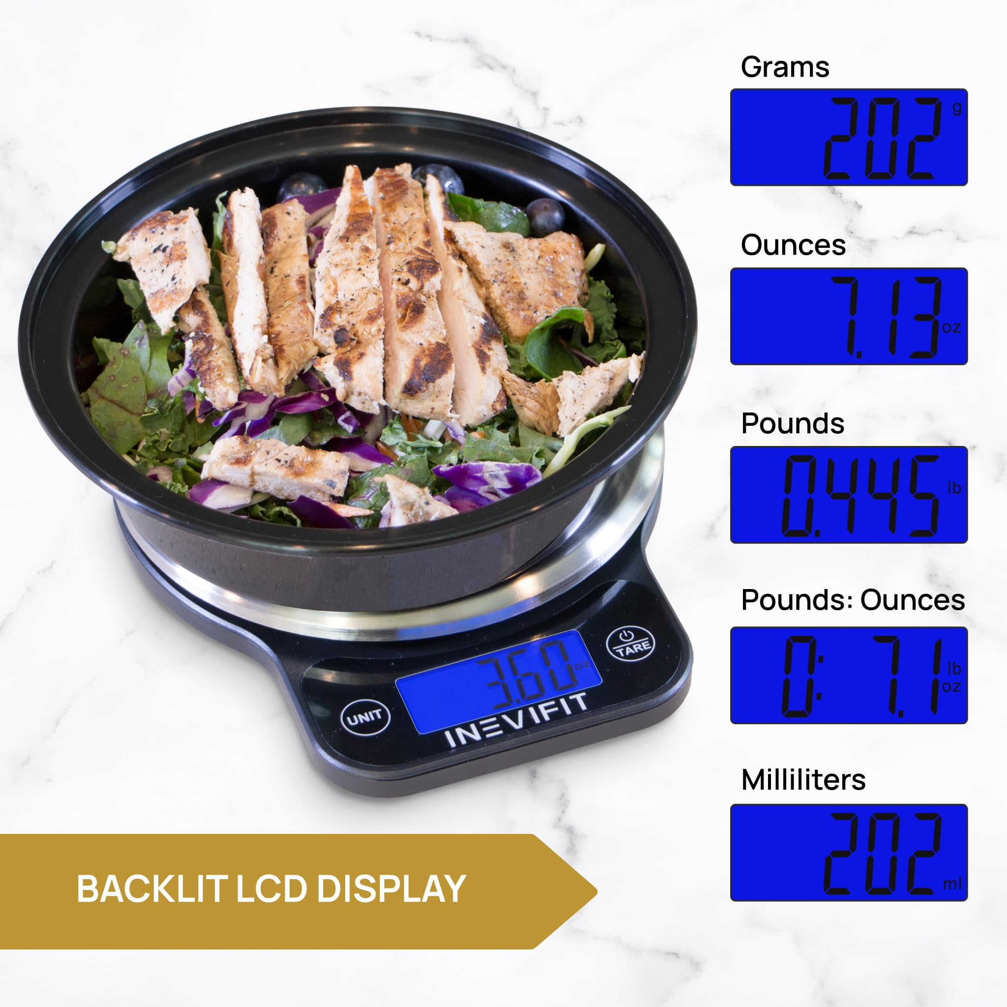 INEVIFIT in use weighing a bowl of fruit for accurate portion and recipe control