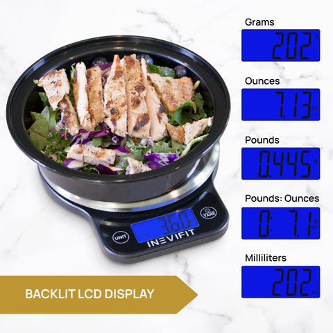 INEVIFIT in use weighing a bowl of fruit for accurate portion and recipe control