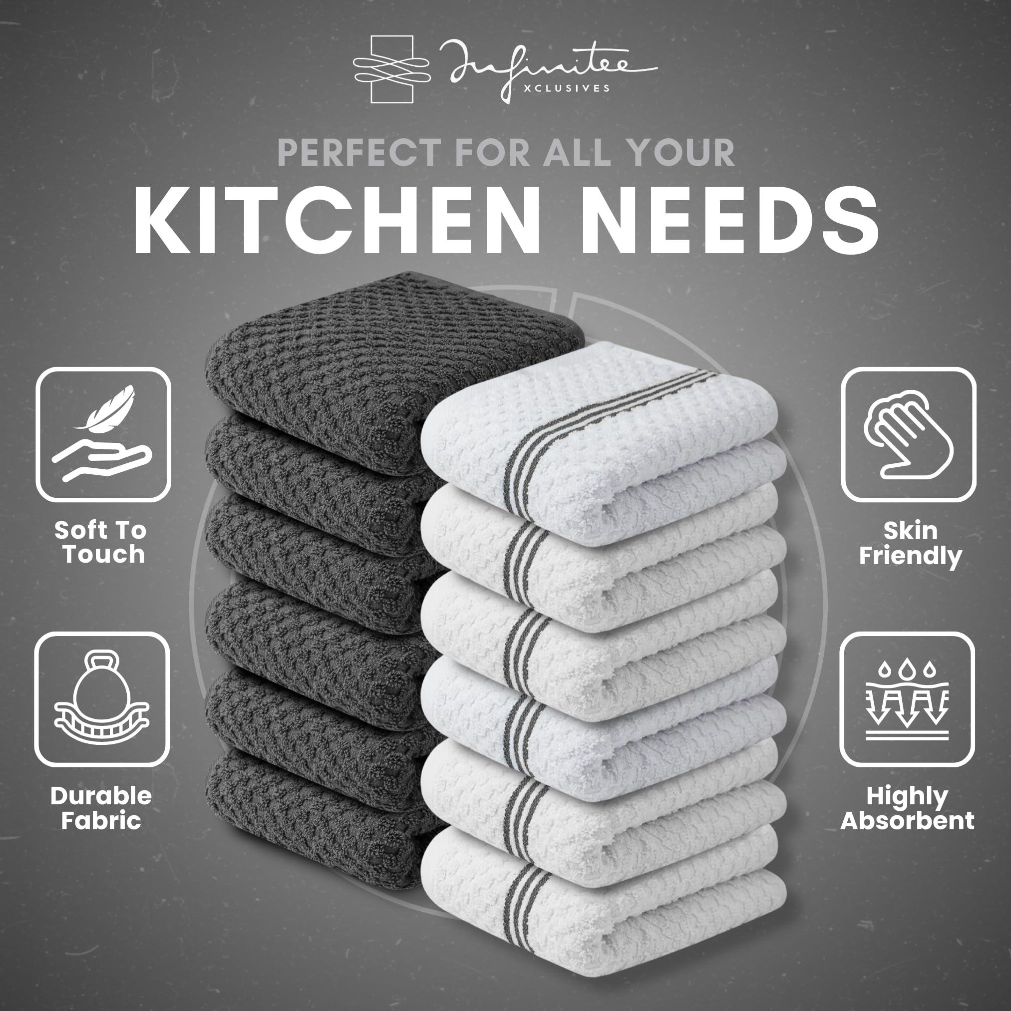 Infinitee Xclusives towel hung on kitchen hook for easy reach and quick drying