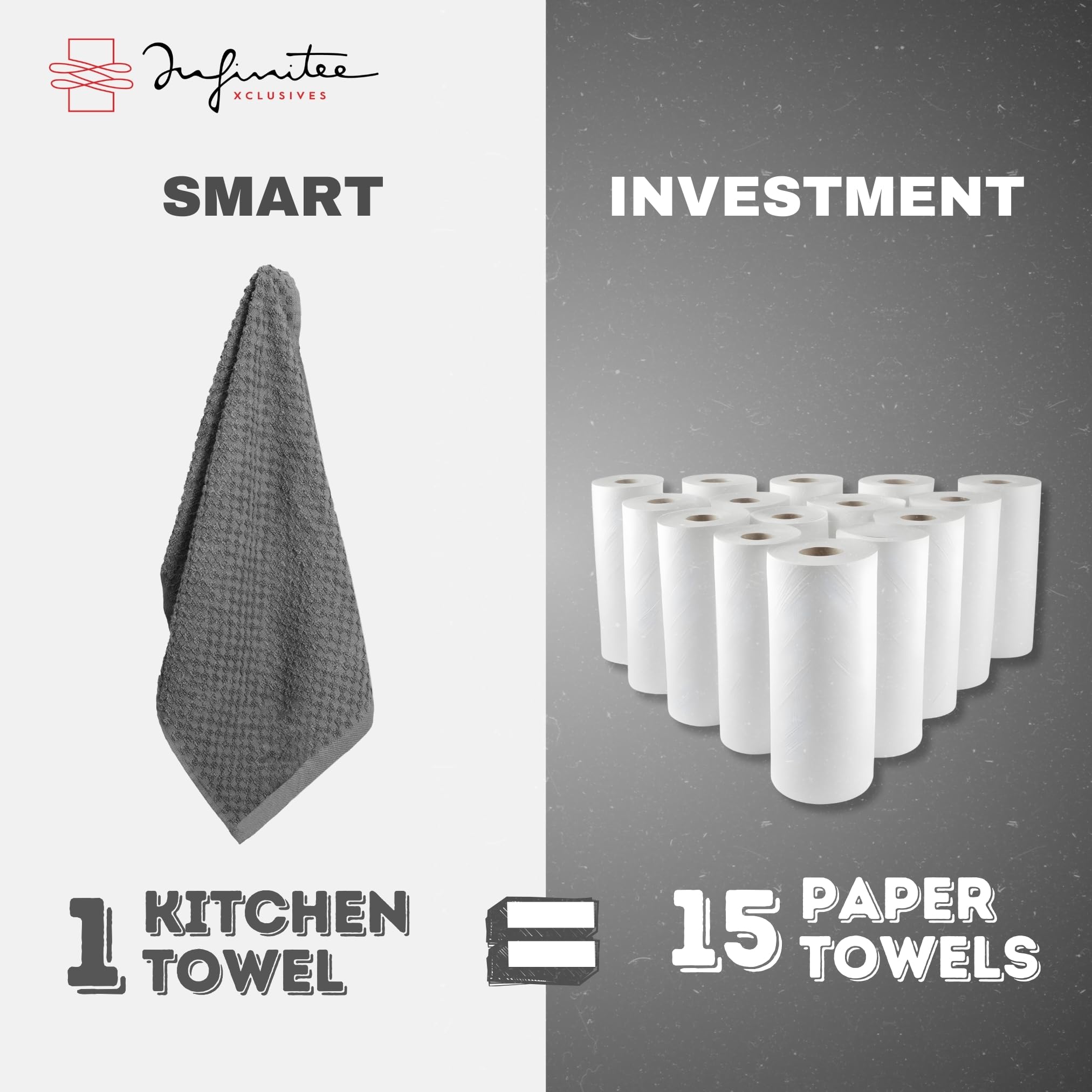 Infinitee Xclusives towel next to a hand showing 15 x 25 inch useful scale