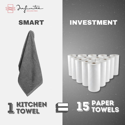 Infinitee Xclusives towel next to a hand showing 15 x 25 inch useful scale