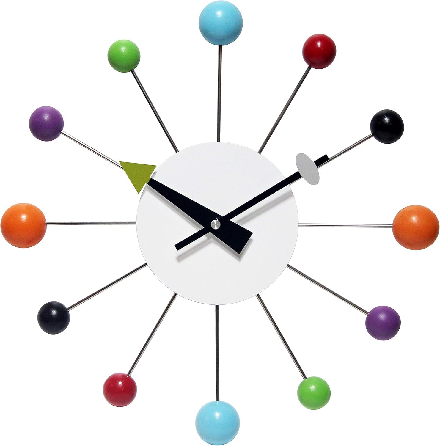Infinity Instruments front view of Orb Spoke clock showing colorful retro design and focal impact