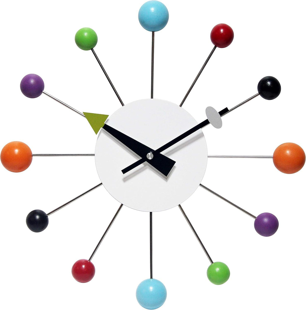 Infinity Instruments front view of Orb Spoke clock showing colorful retro design and focal impact