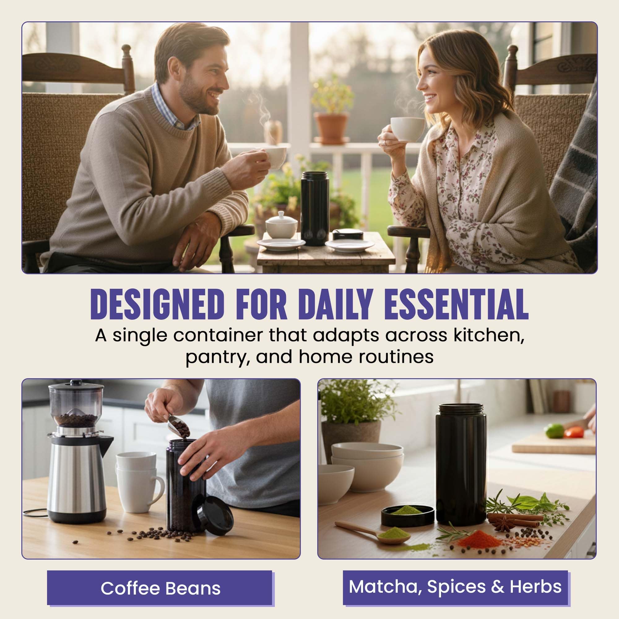 Infinity Jars beside an espresso scoop showing 1L capacity and daily supply benefit