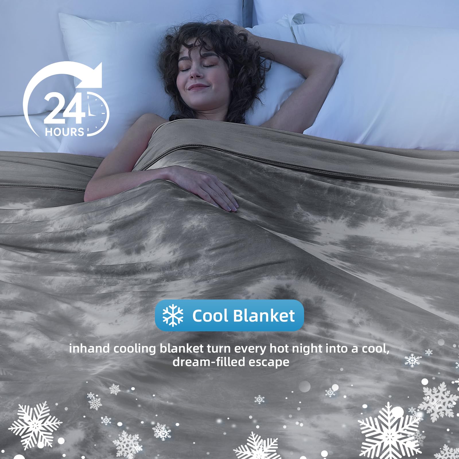 inhand blanket on bed near AC and fan creates a cooler sleep environment