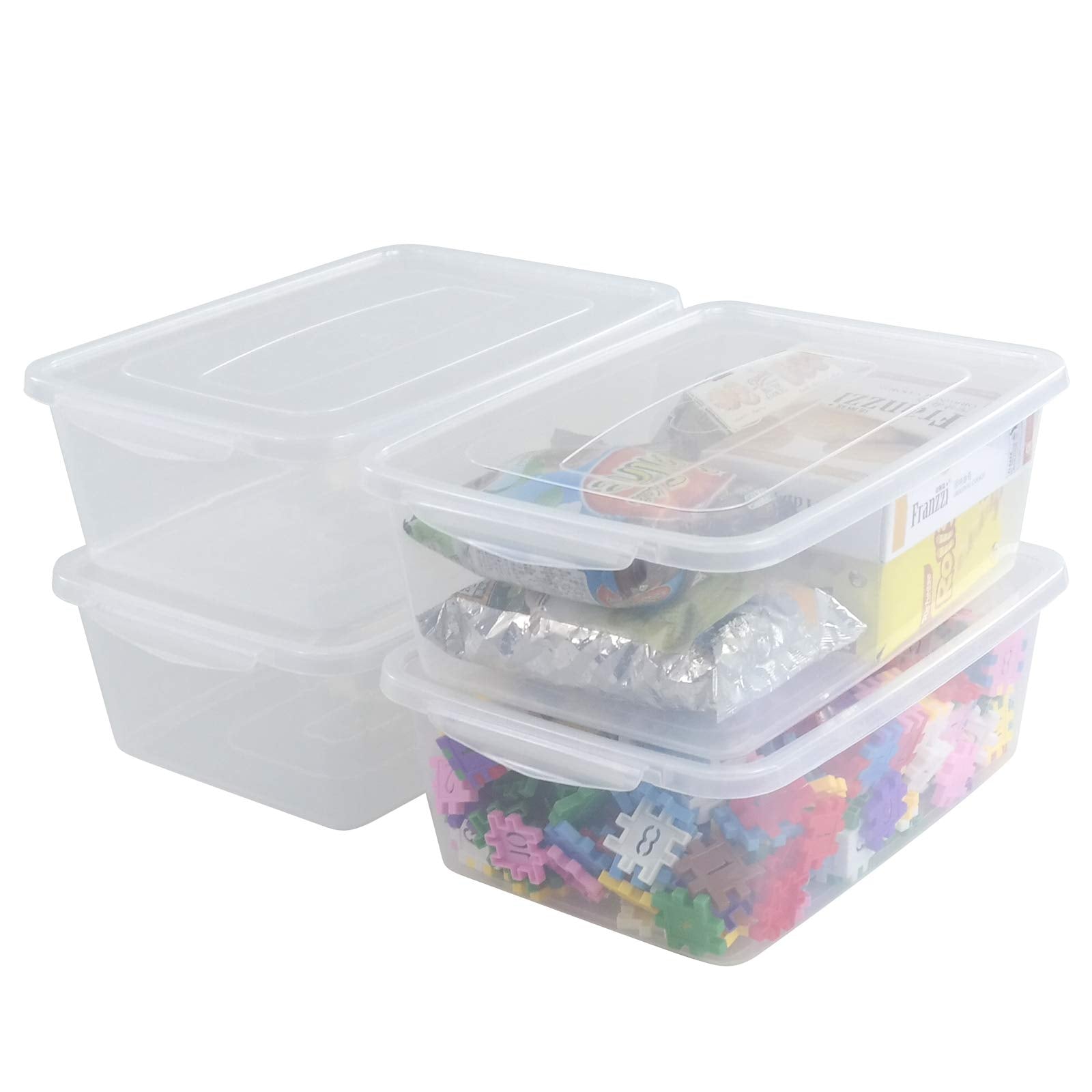 Inhouse front view of four clear storage boxes showing tidy organization benefit
