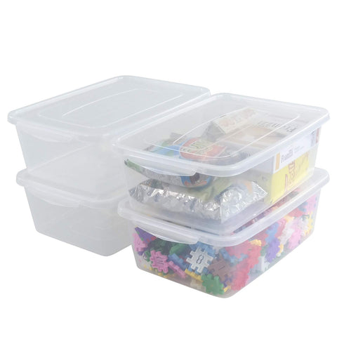 Inhouse front view of four clear storage boxes showing tidy organization benefit