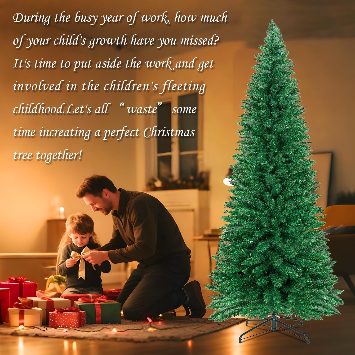 inin decorated slim tree in a small living room, maximizing vertical style