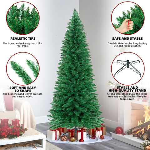 inin tree next to sofa for scale, showing tall height with small footprint